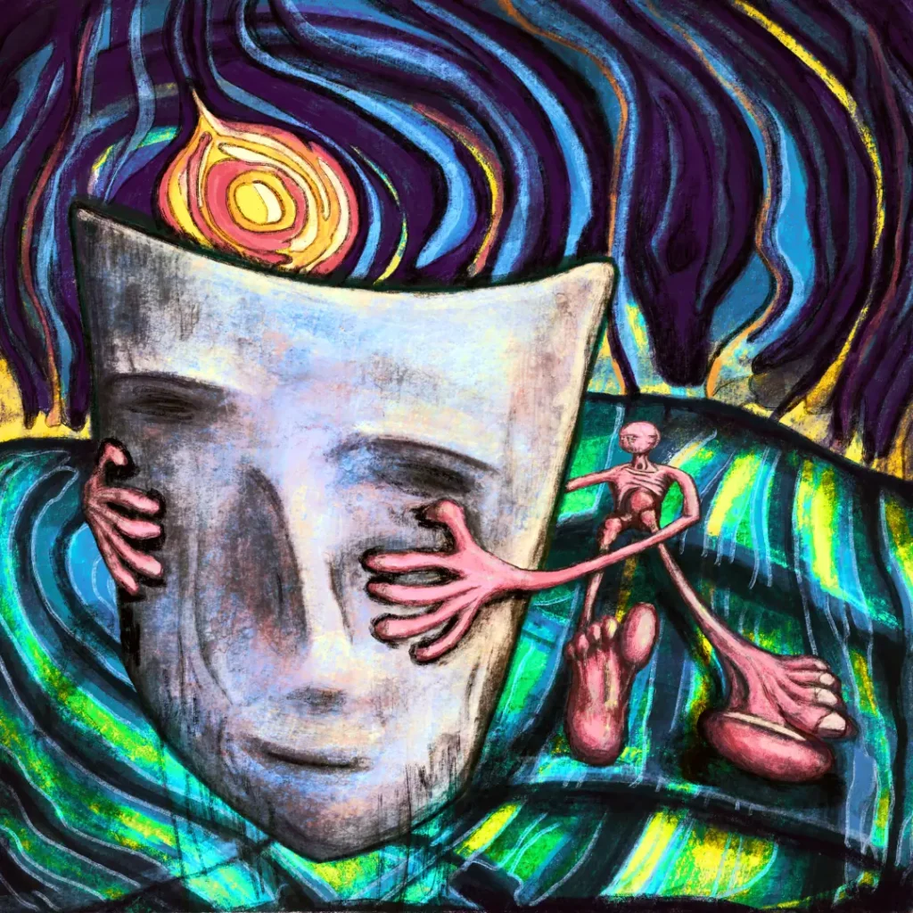 Shadow works is an artwork about shadow work; a small naked character is sitting in a dynamic landscape. It's holding a large mask. There is a orange and yellow sun above the horizon. The sky is deep blue and purple in dynamic and artistic strokes. The environment is green and cyan and has solid lines.