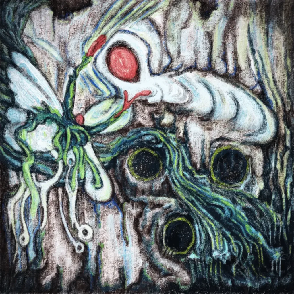 Artwork portraying a child figure in a butterfly appearance with ehite wings, reaching out for a mother figure, that does not seem to respond. Á overall light image with lots of white in the enveronment, rock like appearance and some green organic flowing twigs.