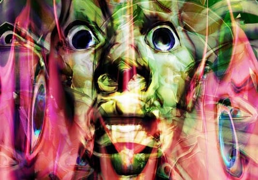 Thin, a digital artwork expressing a screaming reaching out for connection. In green and pink.